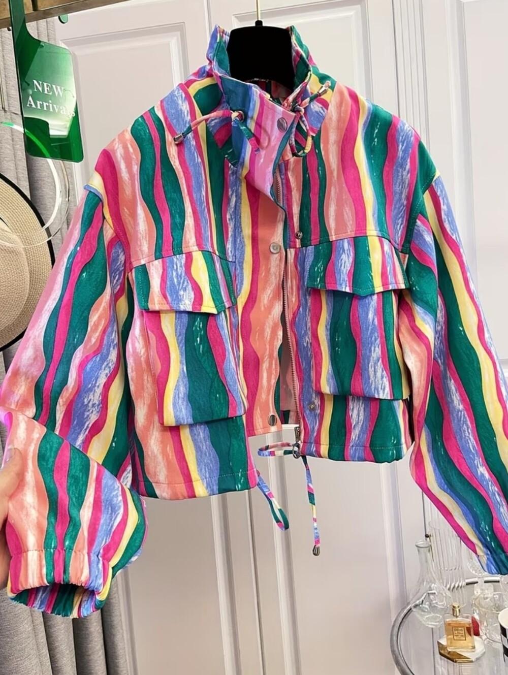 Casual Women's Colorful Print Drawstring Pocket Short Jacket Loose Versatile Des